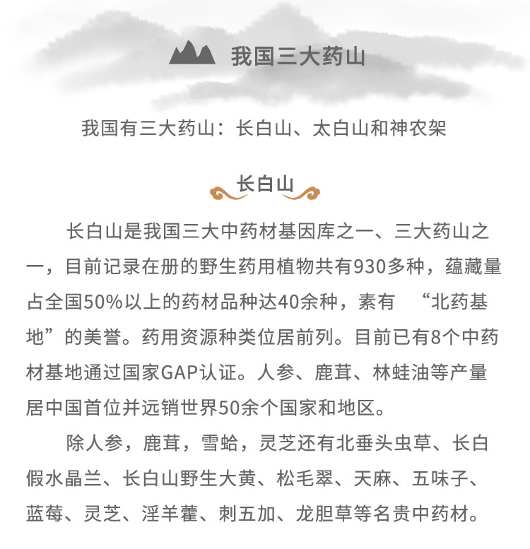 長白山是我國三大中藥材基因庫之- -、三 大藥山之一，目前記錄在冊的野生藥用植物共有930多種，蘊藏量占全國50%6以上的藥材品種達40余種，素有“北藥基地”的美譽。藥用資源種類位居前列。目前已有8個中藥材基地通過國家GAP認證。人參、鹿茸、林蛙油等產(chǎn)量居中國首位并遠銷世界50余個國家和地區(qū)。除人參，鹿茸，雪蛤，靈芝還有北重頭蟲草、長白假水晶蘭、長白山野生大黃、松毛翠、天麻、五味子、藍莓、靈芝、淫羊蕾、刺五加、龍膽草等名貴中藥材。