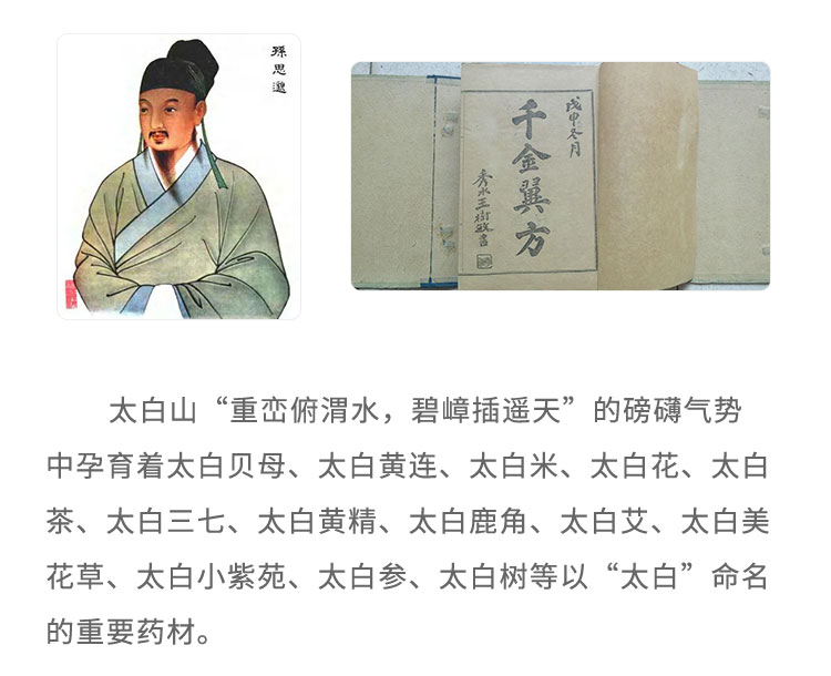 太白山“重巒俯渭水，碧嶂插遙天”的磅礴氣勢中孕育著太白貝母、太白黃連、太白米、太白花、太白茶、太白三七、太白黃精、太白鹿角、太白艾、太白美花草、太白小紫苑、太白參、太白樹等以“太白”命名的重要藥材。