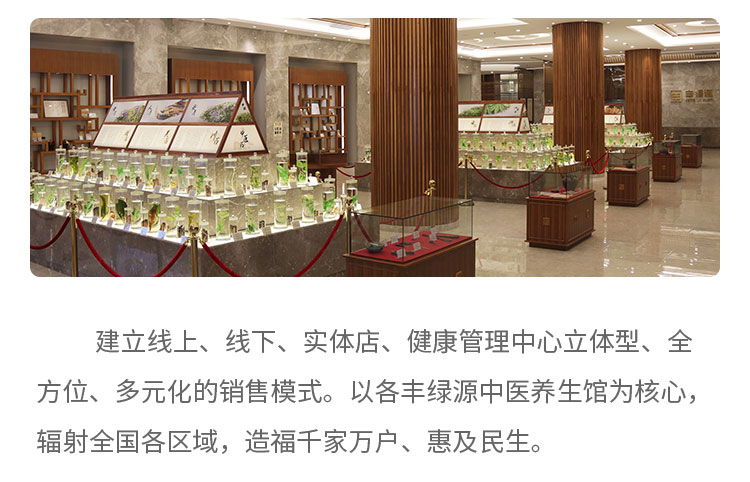推行全面質(zhì)量管理(TQM) ，從中醫(yī)藥藥的研發(fā)、種植、加工、GMP生產(chǎn)、銷售，到社區(qū)健康管理，建立了一條龐大而完整的現(xiàn)代中醫(yī)藥養(yǎng)生產(chǎn)業(yè)鏈條，在對自身各個(gè)環(huán)節(jié)不斷進(jìn)行完善的同時(shí)，豐綠源將往中醫(yī)藥養(yǎng)生服務(wù)方向逐步推進(jìn)，努力推行健康管理+模式，打造多元化現(xiàn)代醫(yī)療、休閑、養(yǎng)老、美容、養(yǎng)生等，個(gè)性化的高端健康管理新模式。建立線上、線下、實(shí)體店、健康管理中心立體型、全方位、多元化的銷售模式。以各豐綠源中醫(yī)養(yǎng)生館為核心，輻射各個(gè)區(qū)域，造福千家萬戶、惠及民生。